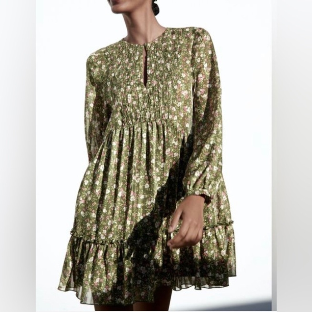 Zara Olive Floral Long Sleeve Dress
